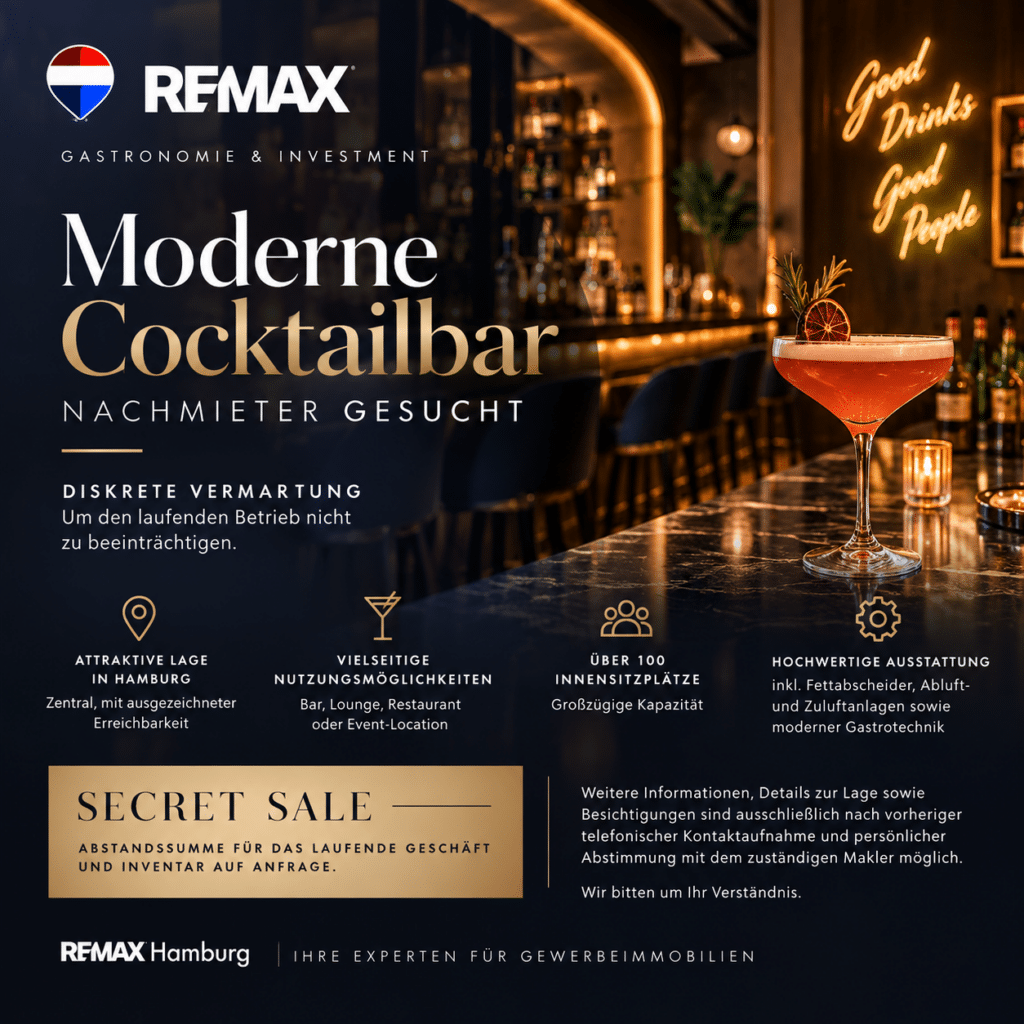 Exklusive Cocktailbar in zentraler Lage – diskrete Übernahme